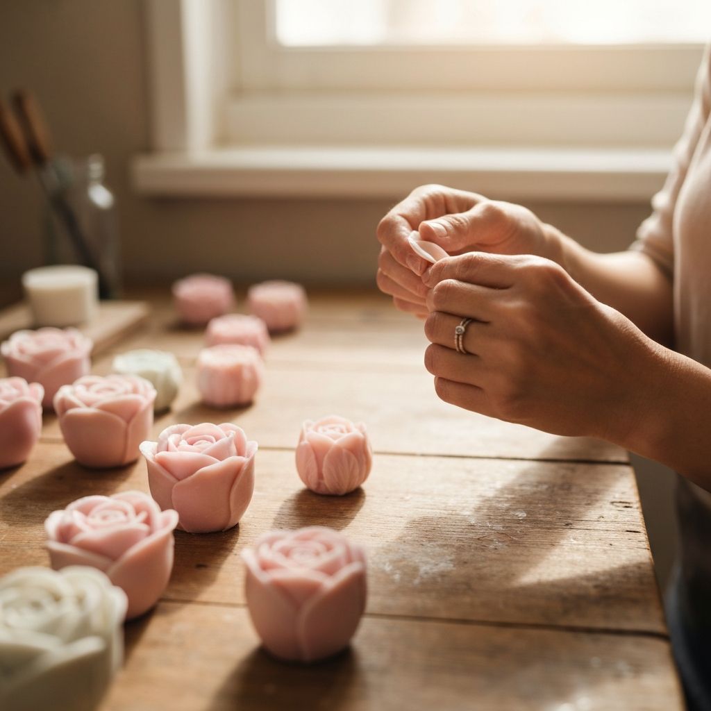 Nina carefully handcrafting soap flower petals in her home studio