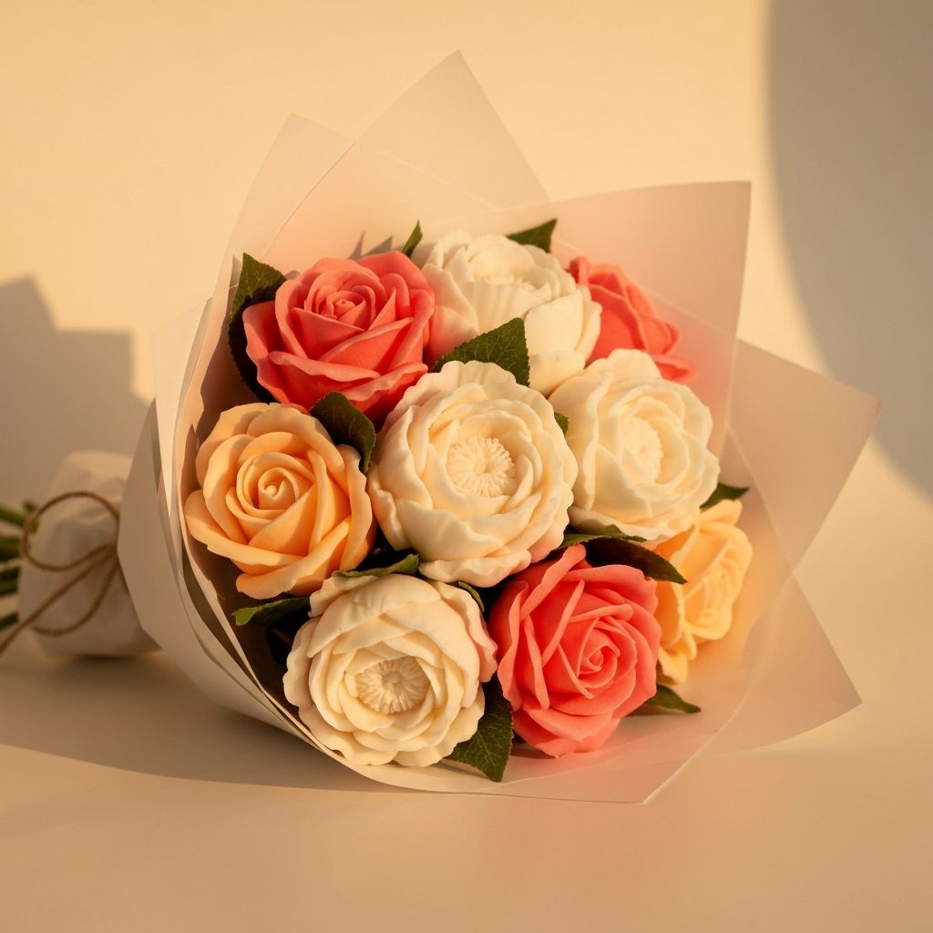 Peach and coral soap rose bouquet with cream peonies