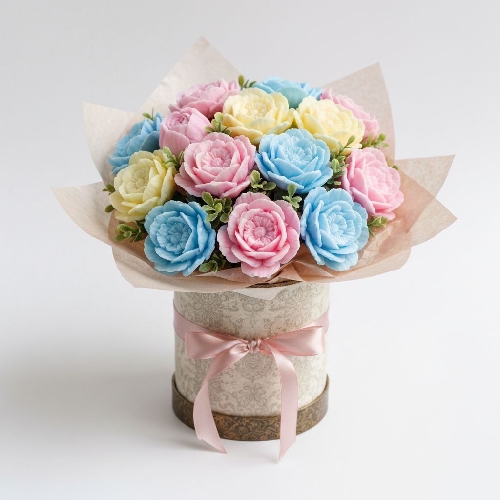 Mixed pastel soap flower bouquet in luxury hat box